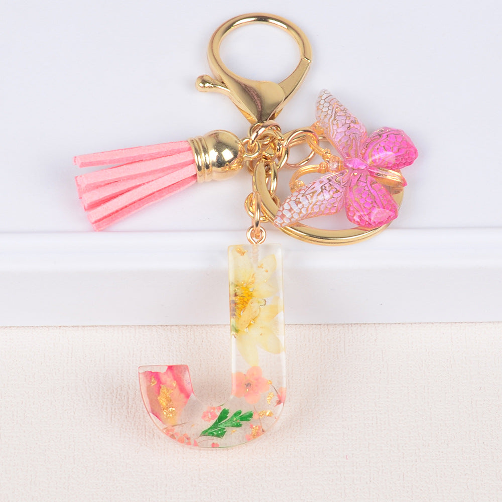 卸売ドライフラワーレター樹脂キーホルダー